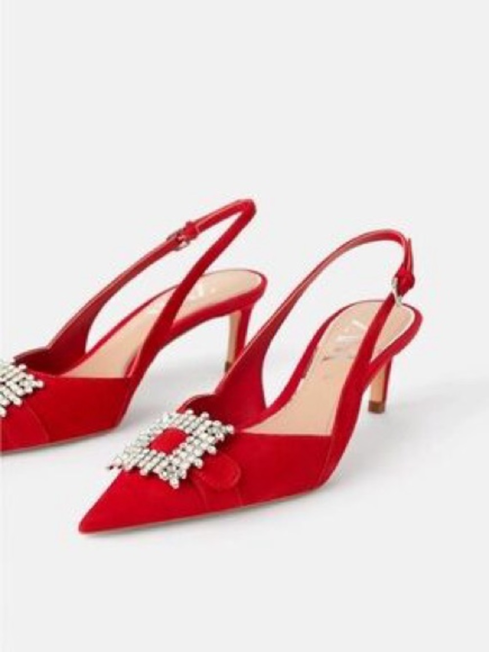 Zara Red Pointed Slingback Kitten Heels with Crystal Embellishment